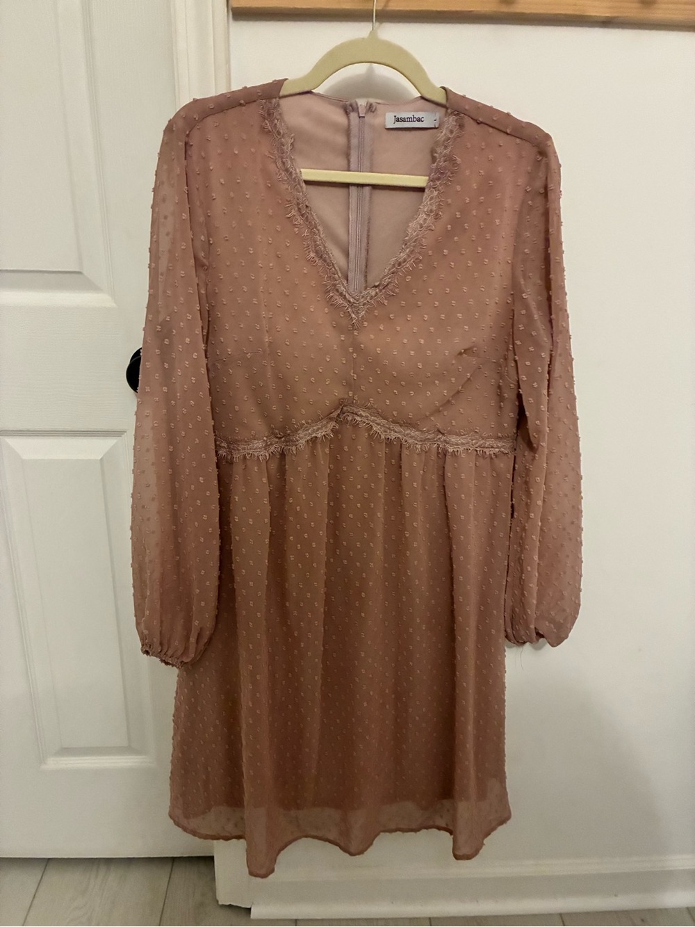 Joanie Blush Long-Sleeve Swiss Dot V-Neck Dress